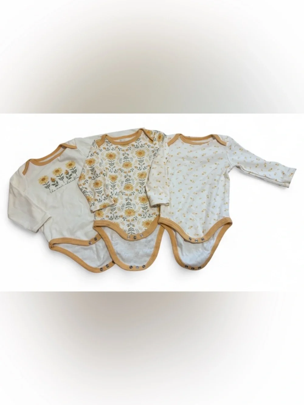 chick pea Yellow Floral Trim Long-Sleeve Baby Bodysuit Set - 3 Pack